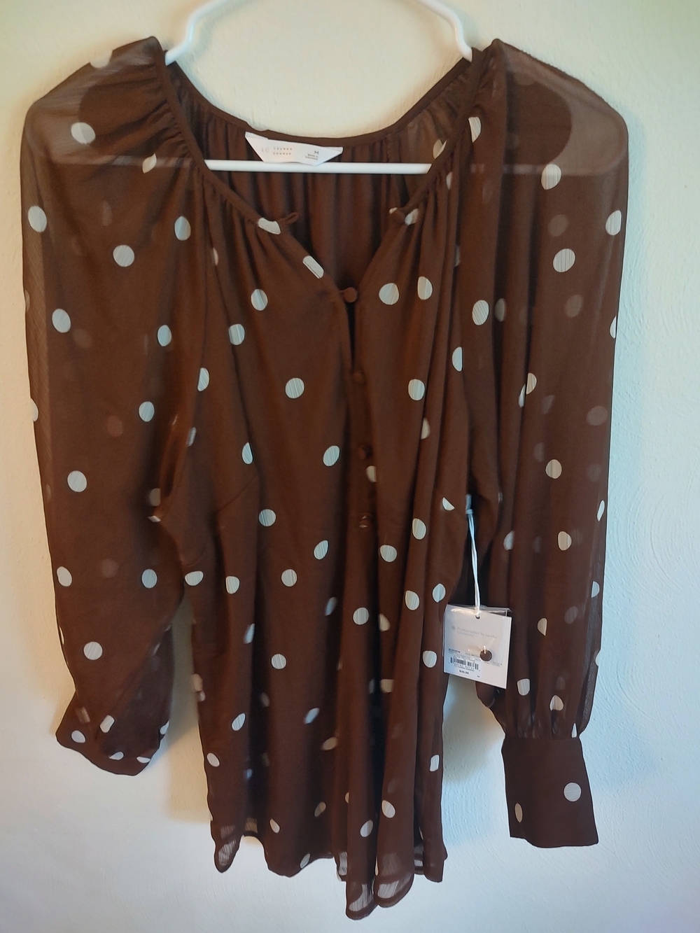 LC Lauren Conrad Brown Chiffon Polka Dot Blouse with White Dots